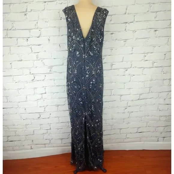 Adrianna Papell Dress Women 12 Beaded Gunmetal Grey Formal Wedding Evening Event - Picture 3 of 10